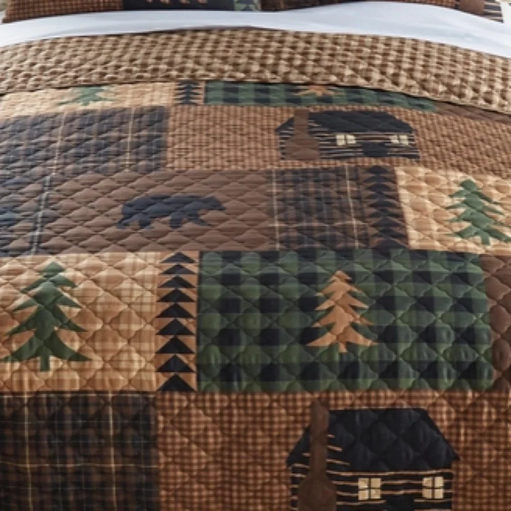 Black Bear Printed Patchwork Queen Quilt Set Rustic Country Cabin Theme